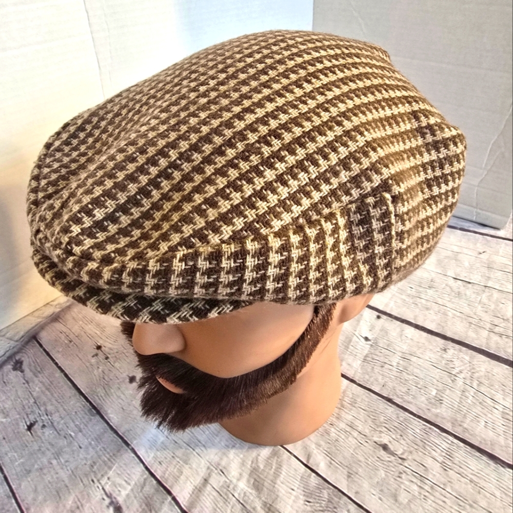 FASHION YOUNG MEN'S NEWSBOY CAP PLEPPY UNISEX GRANDPA BROWN TAN PLAID SZ.VTG XL